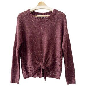 LUQ Marled Burgundy Sweater Top Womens‎ Medium Crochet Tie Waist Boho Woven